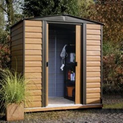Arrow Woodvale 6x5 Apex Coffee Metal Shed -Gardens and Outdoor arrow woodvale 6x5 apex coffee metal shed5013856015208 01i