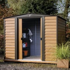 Arrow Woodvale 8x6 Apex Coffee Metal Shed -Gardens and Outdoor arrow woodvale 8x6 apex coffee metal shed5013856015215 01i