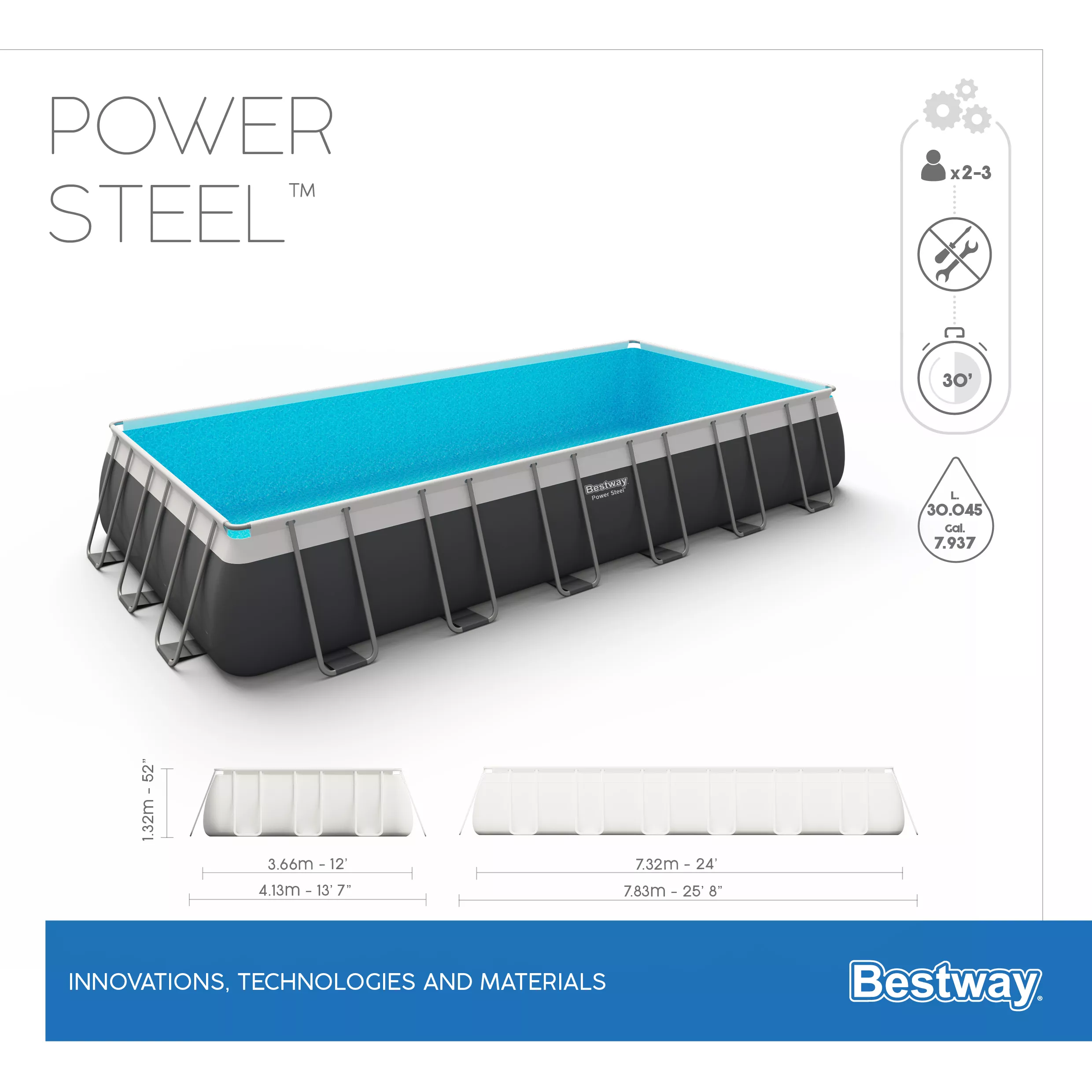 Bestway Power Steel® Plain Polyvinyl Chloride (PVC) & Steel Pool (W) 3.66m X (L) 7.32m 7 Bestway Power Steel® Plain Polyvinyl Chloride (PVC) & Steel Pool (W) 3.66m X (L) 7.32m - Image 5
