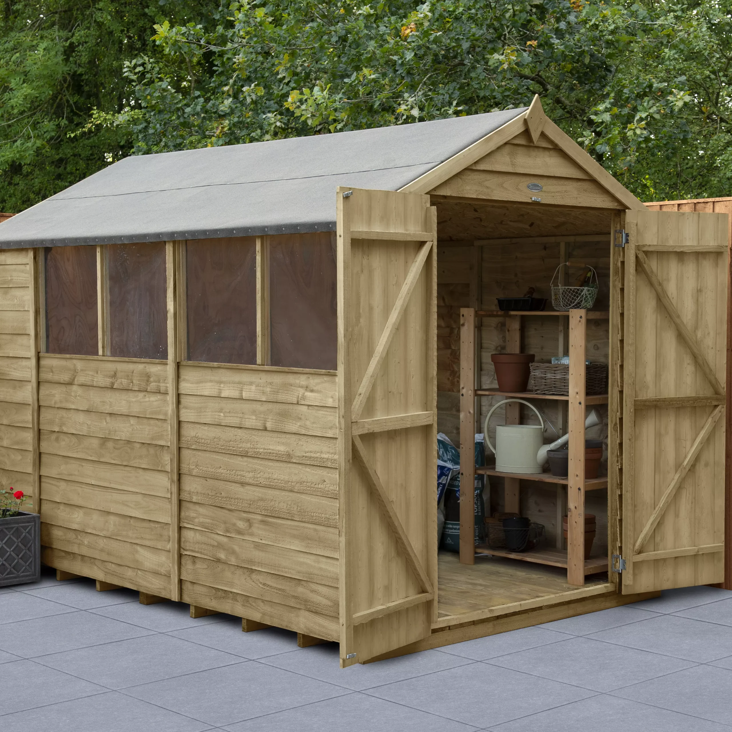 Forest Garden 10x6 Ft Apex Overlap Wooden 2 Door 4 Windows Shed With Floor - Assembly Service Included 3 Forest Garden 10x6 Ft Apex Overlap Wooden 2 Door 4 Windows Shed With Floor - Assembly Service Included