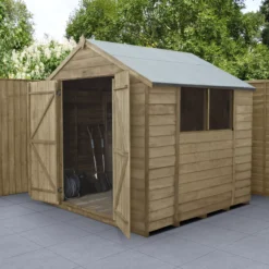 Forest Garden 7x7 Ft Apex Overlap Wooden 2 Door 2 Windows Shed With Floor (Base Included)