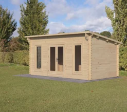 Forest Garden Elmley 5x3 Toughened Glass Pent Loglap Solid Wood Cabin With Double Door - Assembly Service Included