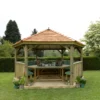 Forest Garden Furnished Cedar Roof Hexagonal Gazebo, (W)4900mm (D)4240mm (Green Cushion Included) -Gardens and Outdoor forest garden furnished cedar roof hexagonal gazebo w 4900mm d 4240mm green cushion included 5013053172612 01i