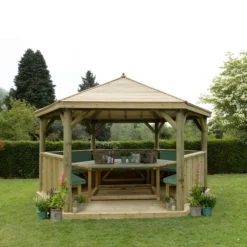 Forest Garden Furnished Timber Roof Hexagonal Gazebo, (W)4900mm (D)4240mm (Green Cushion Included)