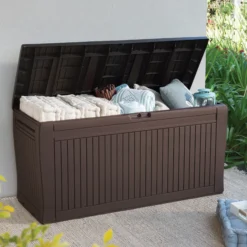 Keter Comfy Wood Effect Plastic Garden Storage Box 270L -Gardens and Outdoor keter comfy wood effect plastic garden storage box 270l7290106930179 01bq