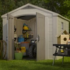 Keter Factor 8x11 Ft Apex Beige Plastic 2 Door Shed With Floor (Base Included) -Gardens and Outdoor keter factor 8x11 ft apex beige plastic 2 door shed with floor base included 7290103664961 02i bq