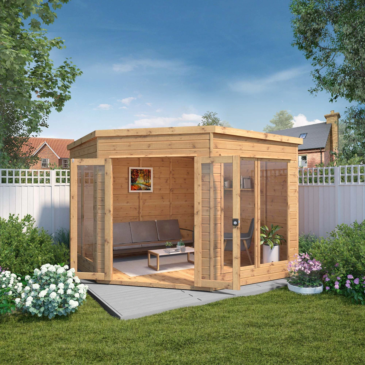 Mercia Corner 9x9 Ft Flat Shiplap Wooden Summer House With Double Door 3 Mercia Corner 9x9 Ft Flat Shiplap Wooden Summer House With Double Door