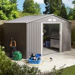 Rowlinson Trentvale 10x8 Apex Light Grey Metal Shed -Gardens and Outdoor rowlinson trentvale 10x8 apex light grey metal shed5013856206231 01i bq