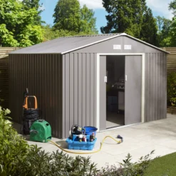 Rowlinson Trentvale 10x8 Apex Light Grey Metal Shed -Gardens and Outdoor rowlinson trentvale 10x8 apex light grey metal shed5013856206231 03i bq