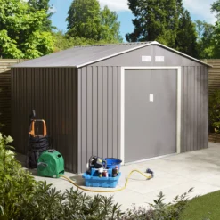 Rowlinson Trentvale 10x8 Apex Light Grey Metal Shed -Gardens and Outdoor rowlinson trentvale 10x8 apex light grey metal shed5013856206231 04i bq