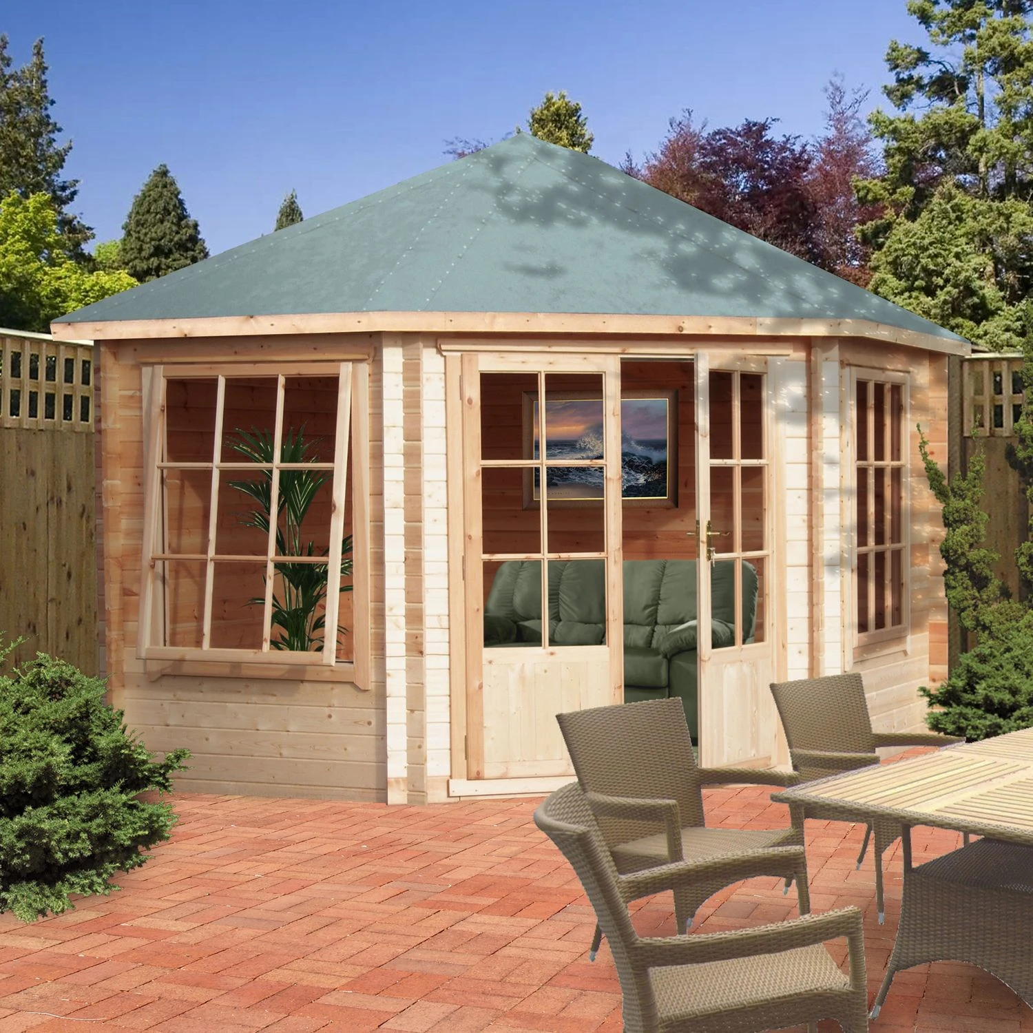 Shire Belvoir 10x10 Toughened Glass Apex Tongue & Groove Wooden Cabin - Base Not Included 7 Shire Belvoir 10x10 Toughened Glass Apex Tongue & Groove Wooden Cabin - Base Not Included - Image 5