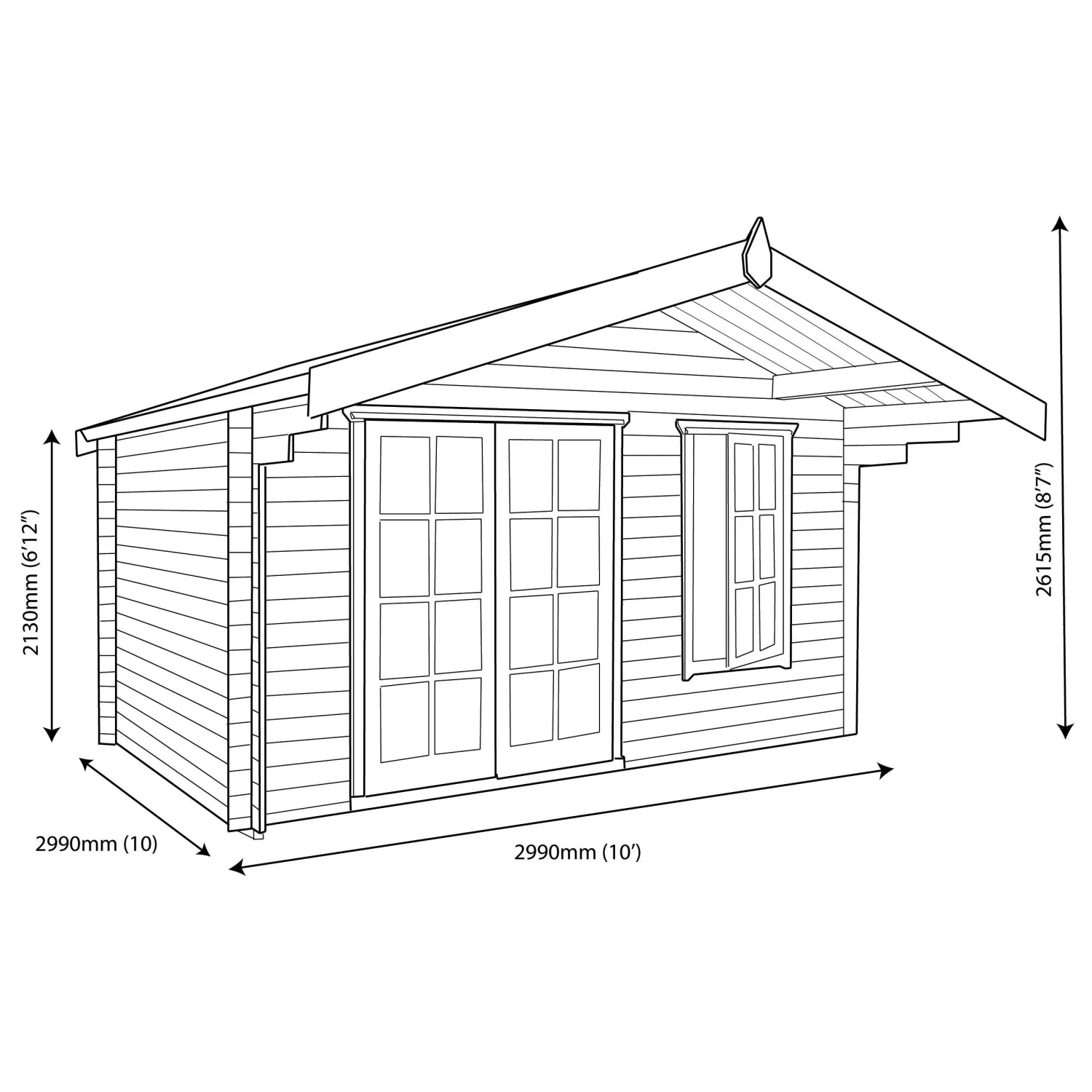 Shire Cannock 10x10 Ft Toughened Glass Apex Tongue & Groove Wooden Cabin With Felt Tile Roof 4 Shire Cannock 10x10 Ft Toughened Glass Apex Tongue & Groove Wooden Cabin With Felt Tile Roof - Image 2