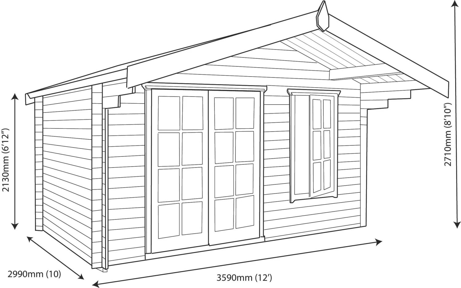 Shire Cannock 12x10 Glass Apex Tongue & Groove Wooden Cabin - Base Not Included 11 Shire Cannock 12x10 Glass Apex Tongue & Groove Wooden Cabin - Base Not Included - Image 9