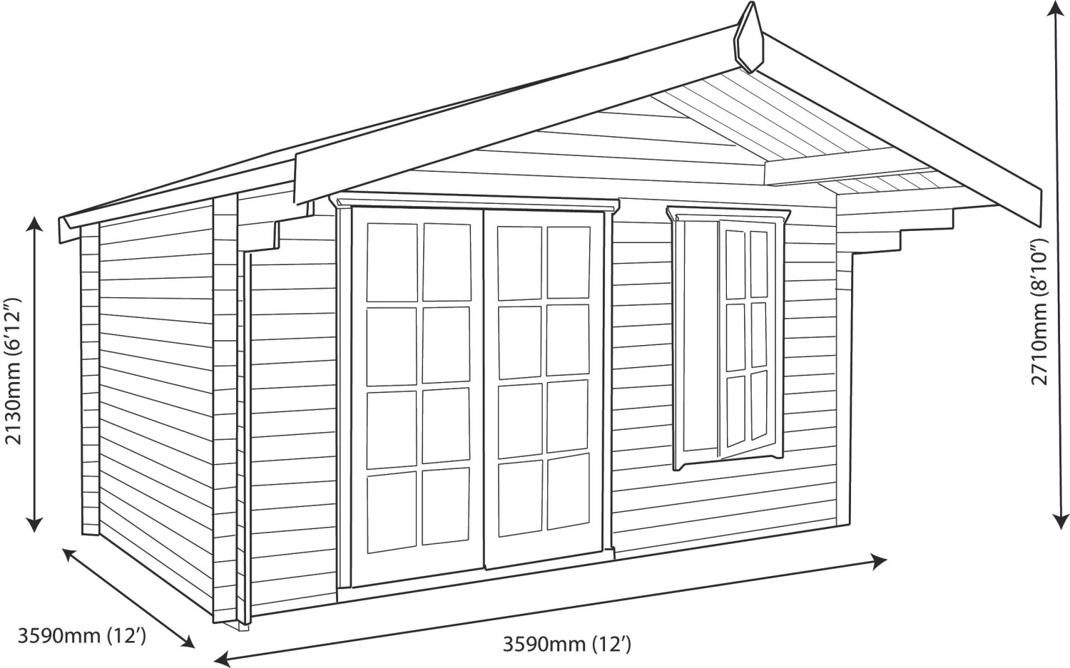 Shire Cannock 12x12 Toughened Glass Apex Tongue & Groove Wooden Cabin - Base Not Included 11 Shire Cannock 12x12 Toughened Glass Apex Tongue & Groove Wooden Cabin - Base Not Included - Image 9