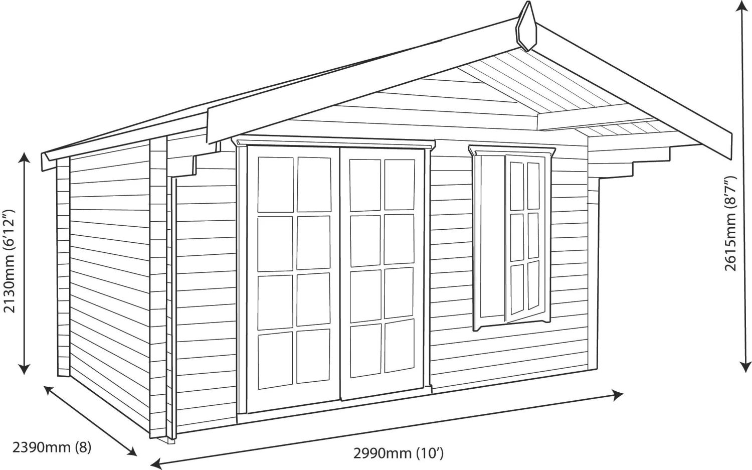 Shire Cannock 12x8 Toughened Glass Apex Tongue & Groove Wooden Cabin - Base Not Included 11 Shire Cannock 12x8 Toughened Glass Apex Tongue & Groove Wooden Cabin - Base Not Included - Image 9