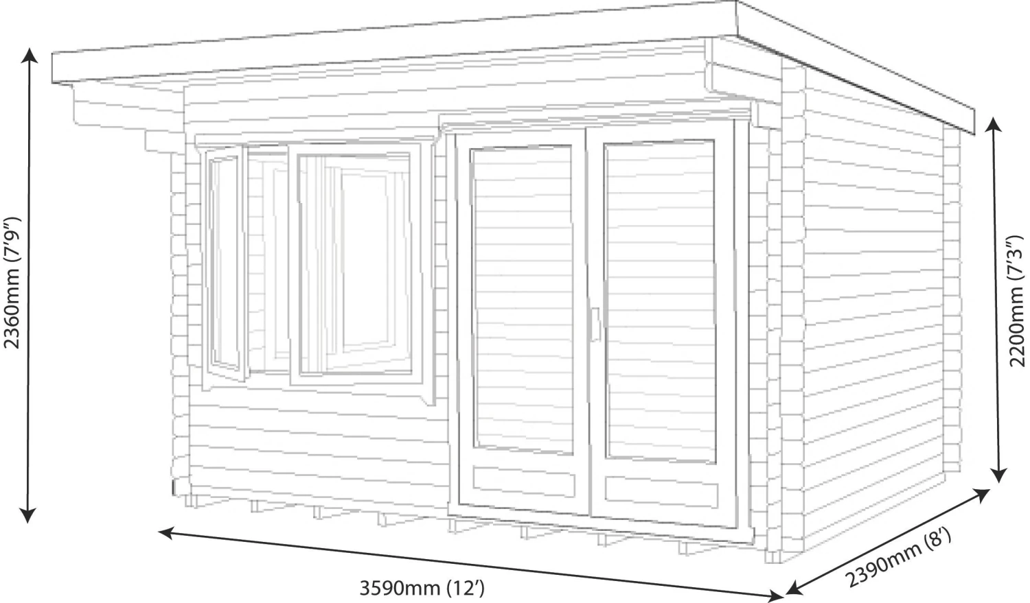 Shire Danbury 12x8 Toughened Glass Pent Tongue & Groove Wooden Cabin - Base Not Included 9 Shire Danbury 12x8 Toughened Glass Pent Tongue & Groove Wooden Cabin - Base Not Included - Image 7
